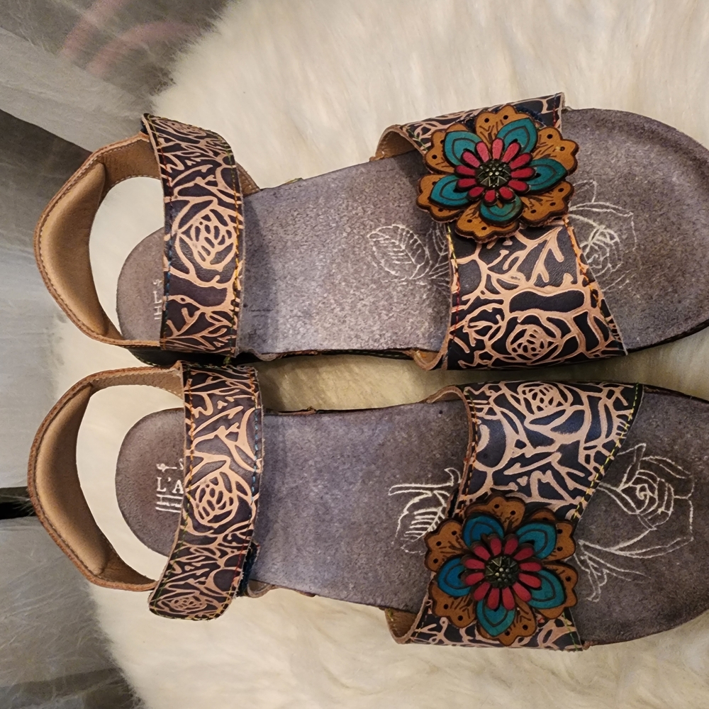 L'ATISTE Brown and Green Floral Sandals with Embellishments